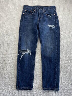 Levis 501's T Size Wom Sz 26/28 Distressed Denim Raw hem Grunge Dark Blue